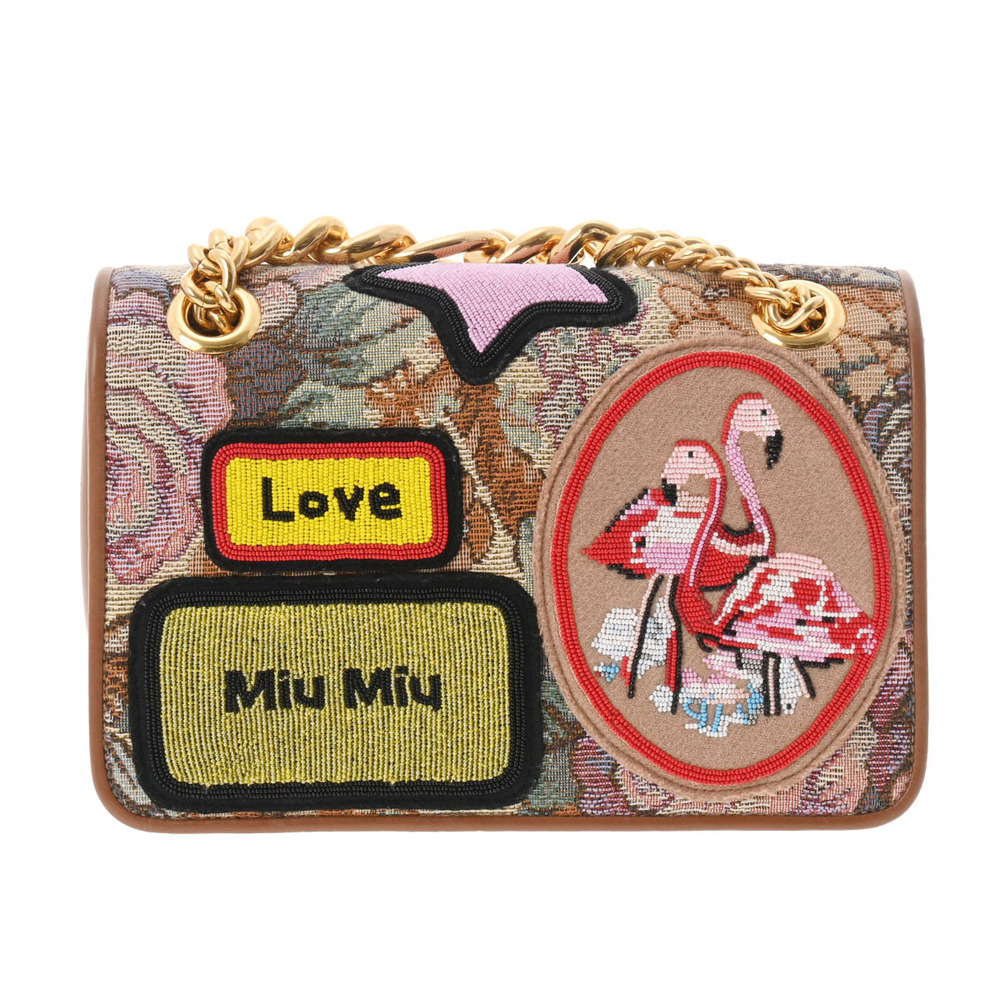 Miu Miu Chain Shoulder Bag Brown Pink Leather Cobran Beaded